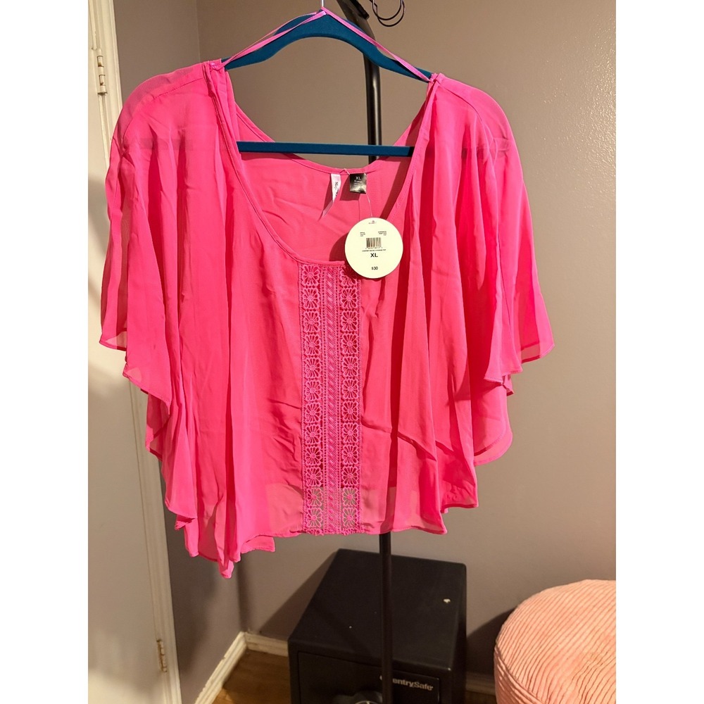 Love by Design Pink Crochet Detail Flounce‎ Shirt, Wing Sleeve - NWT